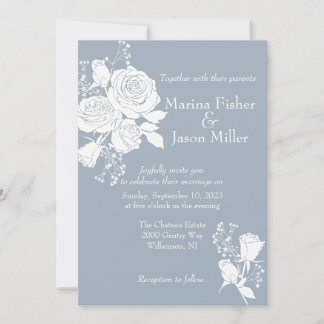White Roses on Dusty Blue Wedding Invitation