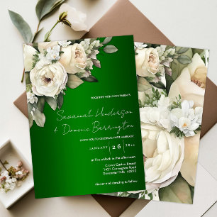 White Roses on Emerald Green Wedding Invitation