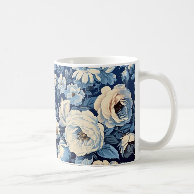 White Roses on Indigo Blue Background Coffee Mug (Right)