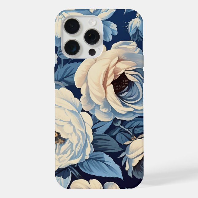 White Roses on Indigo Blue Background iPhone Case (Back)