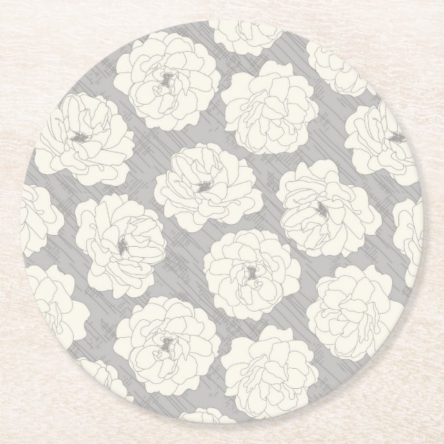 White Roses on Light Gray - seamless pattern.  Round Paper Coaster (Front)