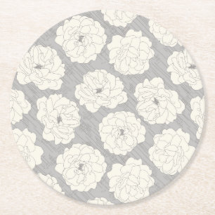 White Roses on Light Grey - seamless pattern. Round Paper Coaster