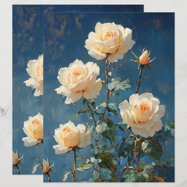 White Roses on Navy Background Scrapbook Paper (Front/Back)