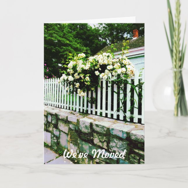 White Roses on Picket Fence - We've Moved Card (Front)