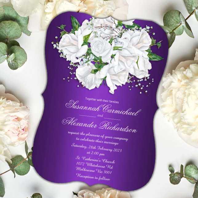 White Roses on Purple Curved Wedding Invitation (Creator Uploaded)