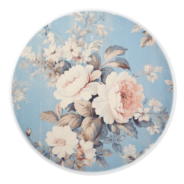 White Roses on Rustic Blue Background Ceramic Knob (Front)