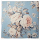 White Roses on Rustic Blue Background Ceramic Tile<br><div class="desc">Lush antique white roses and wildflowers on rustic blue background.</div>