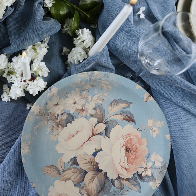 White Roses on Rustic Blue Background Paper Plate (Creator Uploaded)