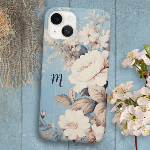 White Roses on Rustic Blue Background w/Monogram Case-Mate iPhone 14 Case