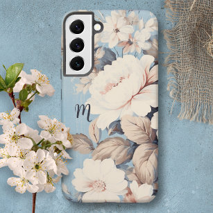 White Roses on Rustic Blue Background w/Monogram Samsung Galaxy Case