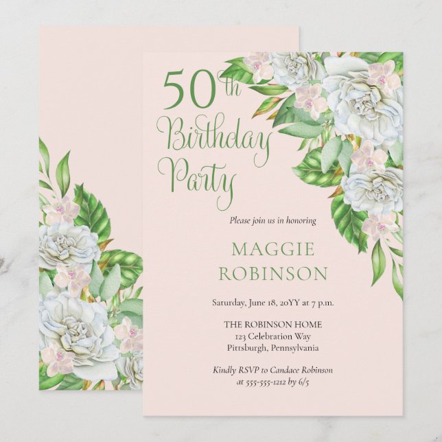 White Roses | Orchids 50th Wedding Birthday Party  Invitation (Front/Back)