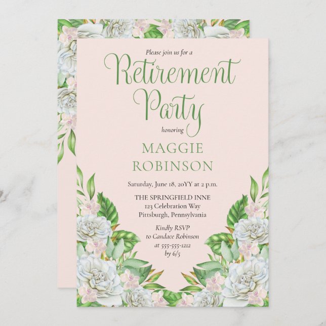 White Roses | Orchids Boho Floral Retirement Party Invitation (Front/Back)