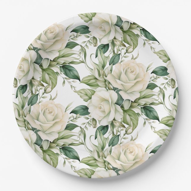 White Roses Paper Plate (Front)
