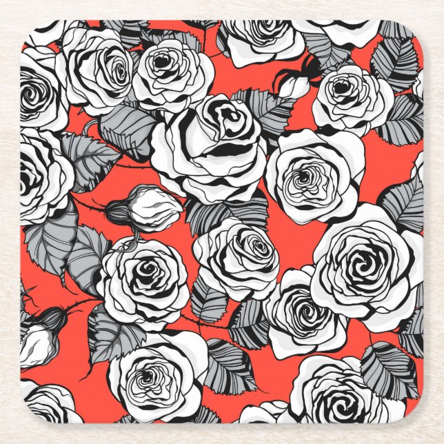 White roses pattern square paper coaster (Front)