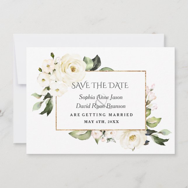 White Roses Peonies Bloom Wedding Save The Date (Front)