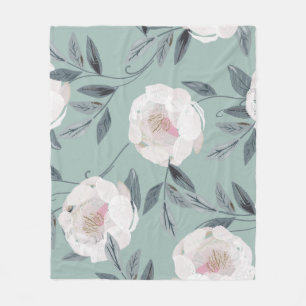 White Roses Peonies: Floral Embroidery. Fleece Blanket