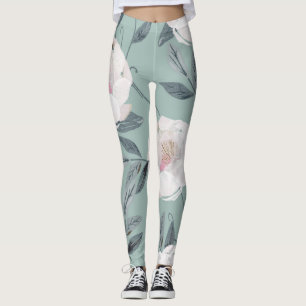 White Roses Peonies: Floral Embroidery. Leggings