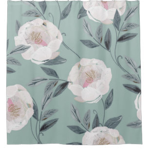 White Roses Peonies: Floral Embroidery. Shower Curtain