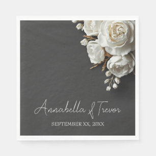 White Roses & Peonies on Dark Charcoal Custom Name Napkin