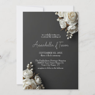 White Roses & Peonies on Dark Charcoal Floral Invitation