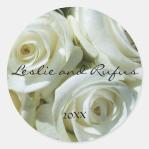 White Roses Personalised Round Wedding Sticker