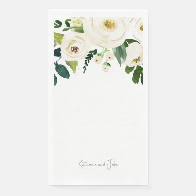 White roses Personalised Script Names Wedding II Napkin (Front)