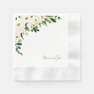 White roses Personalized Script Names Wedding Napkin