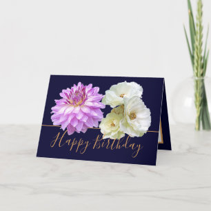 White Roses & Pink Dahlia Floral Bouquet Birthday Card