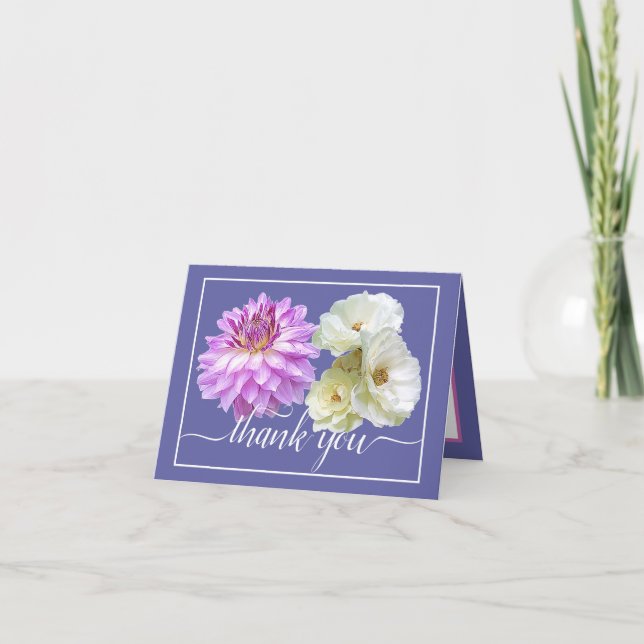 White Roses & Pink Dahlia Floral Bouquet Thank You Card (Front)