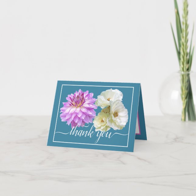White Roses & Pink Dahlia Floral Bouquet Thank You Card (Front)