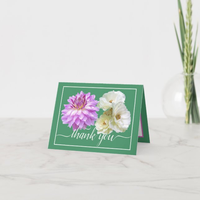 White Roses & Pink Dahlia Floral Bouquet Thank You Card (Front)