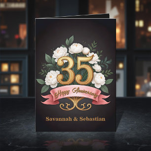 White Roses Pink Ribbon 35th Wedding Anniversary Card