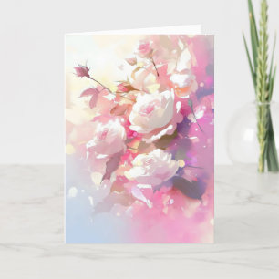 White Roses Pink Watercolor Holiday Card