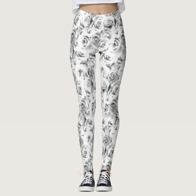 White Roses Repeating Floral Pattern Leggings (Front)