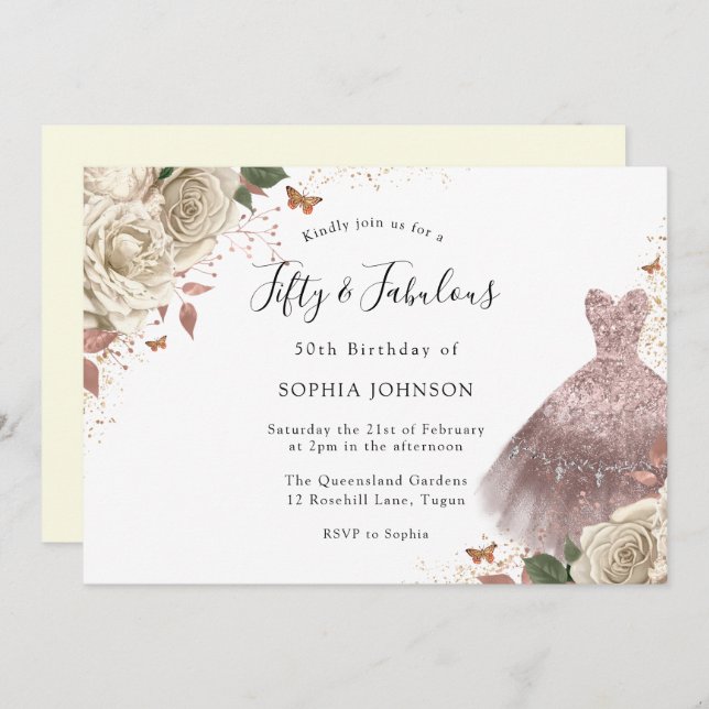 White Roses Rose Gold Sparkle Dress 50th Birthday Invitation (Front/Back)
