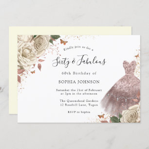 White Roses Rose Gold Sparkle Dress 60th Birthday Invitation