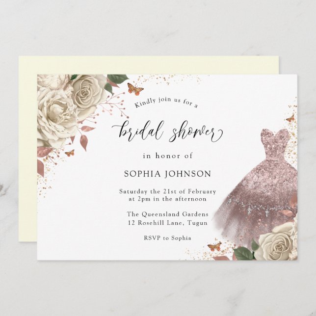 White Roses Rose Gold Sparkle Dress Bridal Shower Invitation (Front/Back)