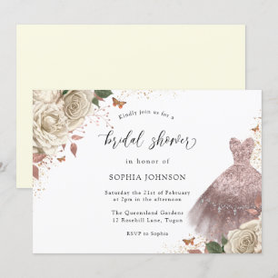 White Roses Rose Gold Sparkle Dress Bridal Shower Invitation