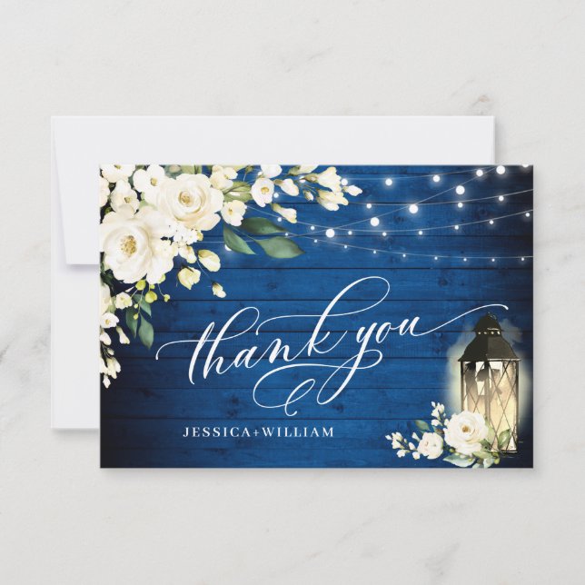 White Roses Royal Blue Wood Lantern Boho Wedding Thank You Card (Front)