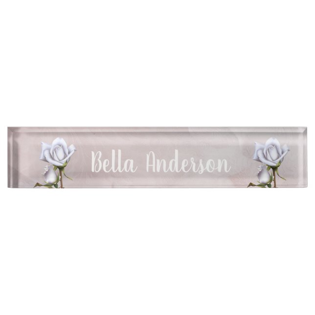 White Roses Rustic Floral Elegant Shabby Chic Nameplate (Front)