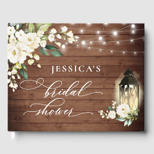 White Roses Rustic Wood Lantern Bridal Shower Guest Book