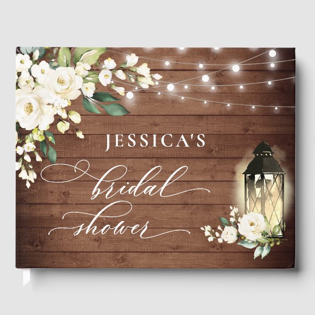 White Roses Rustic Wood Lantern Bridal Shower Guest Book (Front)