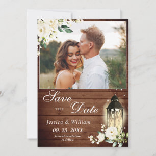 White Roses Rustic Wood Lantern Photo Wedding Save The Date
