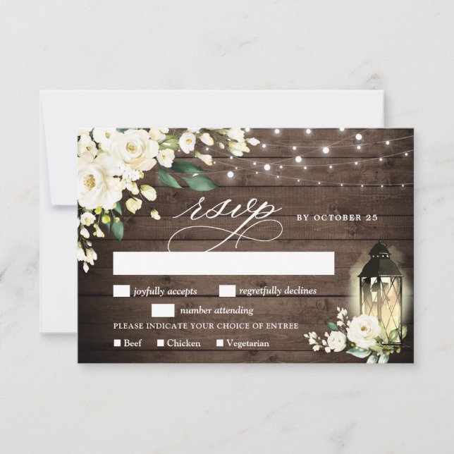 White Roses Rustic Wood Lantern RSVP Card (Front)