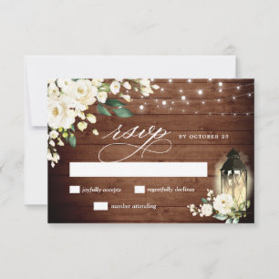 White Roses Rustic Wood Lantern RSVP Card