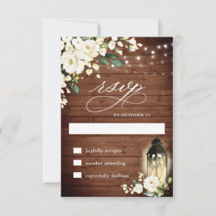 White Roses Rustic Wood Lantern RSVP Card