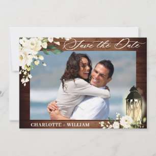 White Roses Rustic Wood Lantern Watercolor Wedding Save The Date
