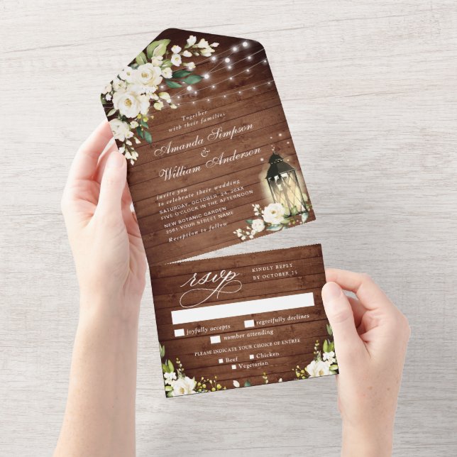 White Roses Rustic Wood Lantern Wedding All In One Invitation (Tearaway)