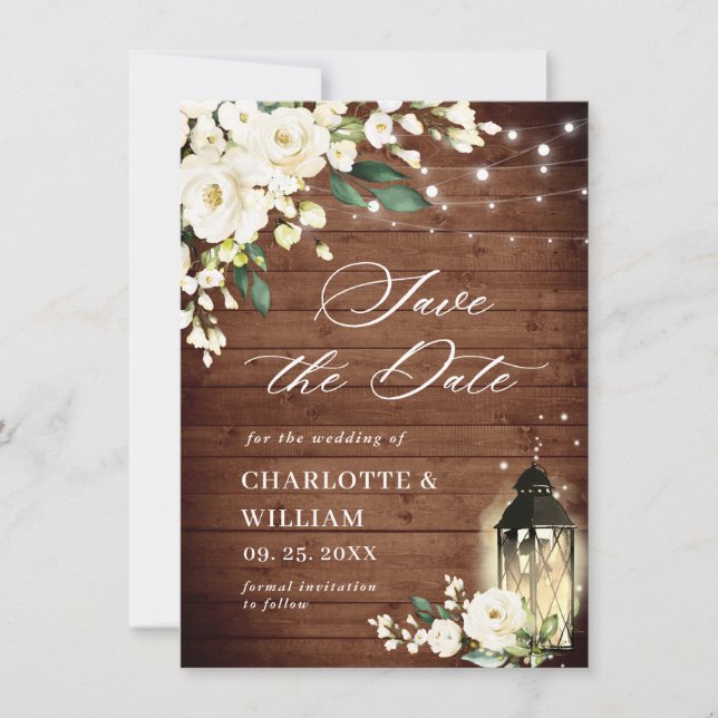 White Roses Rustic Wood Lantern Wedding QR code Save The Date (Front)