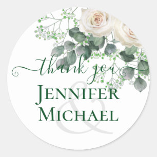 White Roses Sage Eucalyptus Leaves Wedding Budget Classic Round Sticker